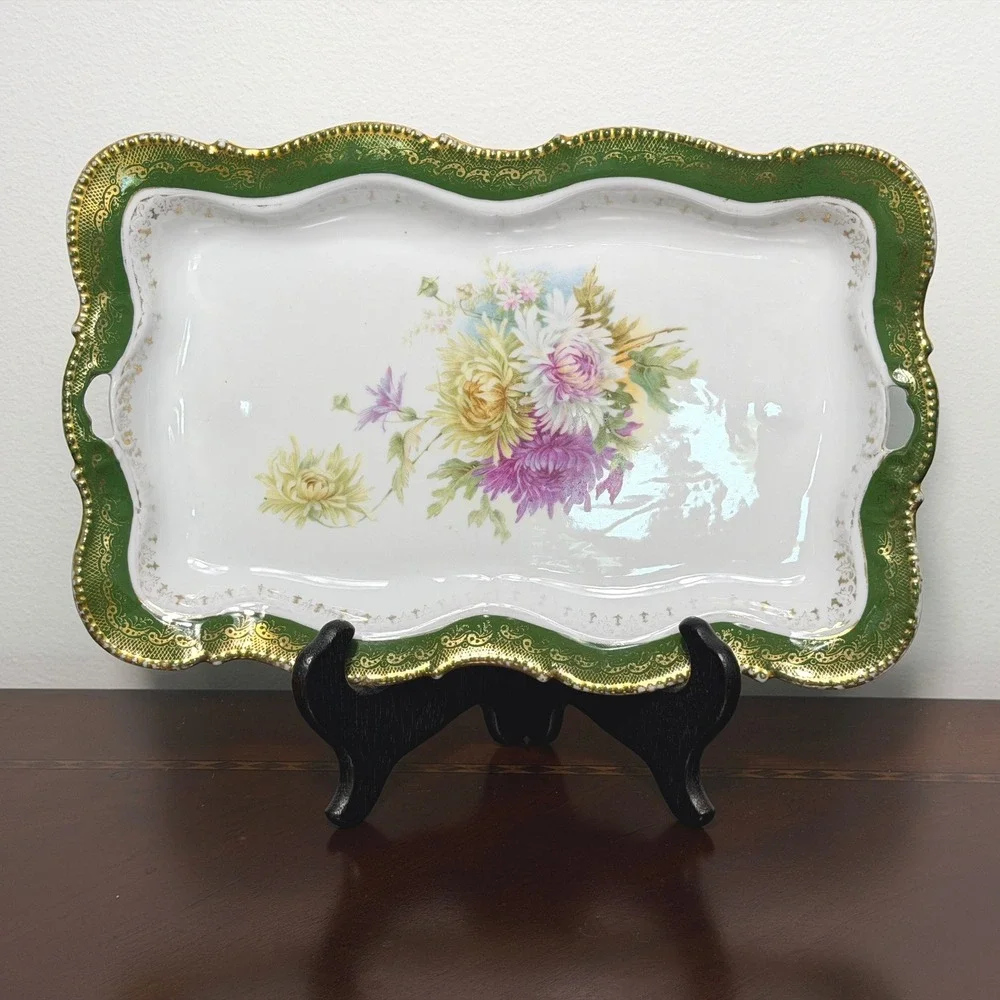 Antique c1900 Porcelain Dresser Tray Green Gold Floral Vanity Serving Tray 12